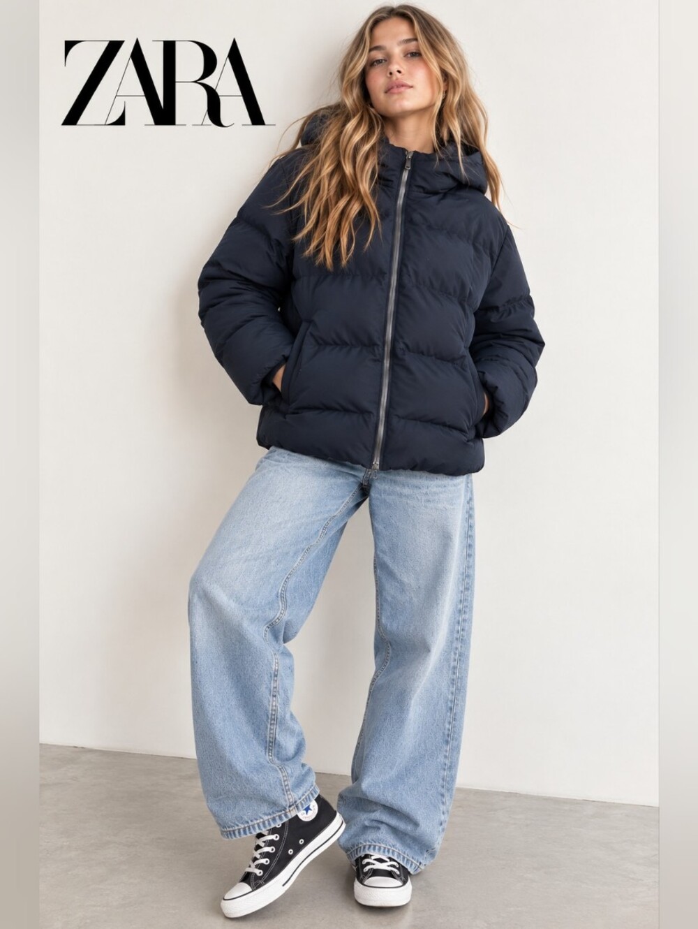 Zara Girls Dark Blue Hooded Puffer Jacket Size 13/14